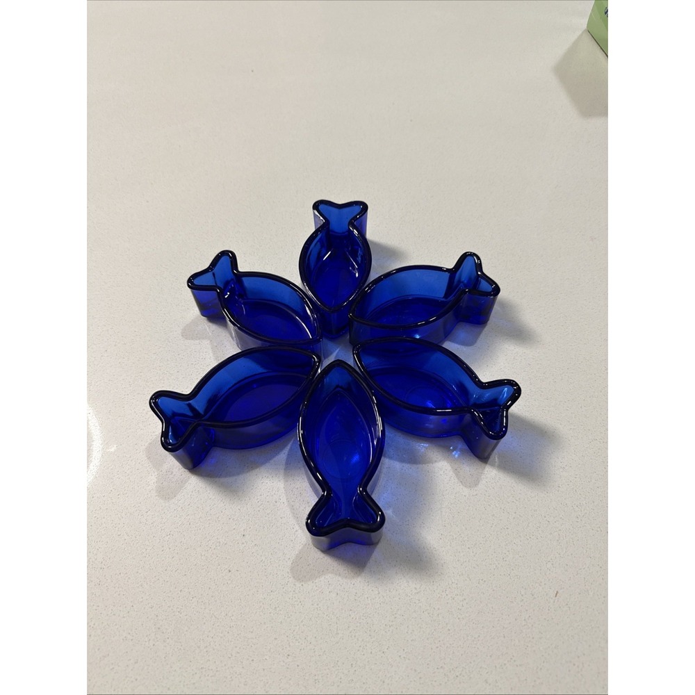 Vtg Pier 1 Cobalt‎ Blue Fish Shape Dishes Candle Holders 1.5"x 4" Set Of 6